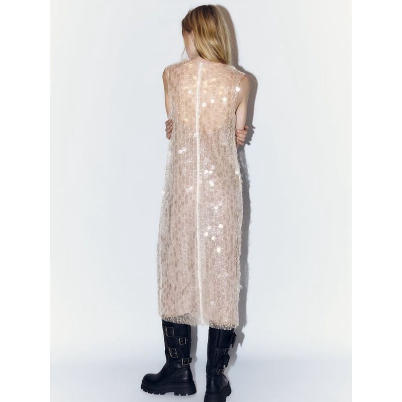 Za2024 Same Style European and American Women clothes Spring New Sexy Mesh Beads Decoration Midi Dress 7901454