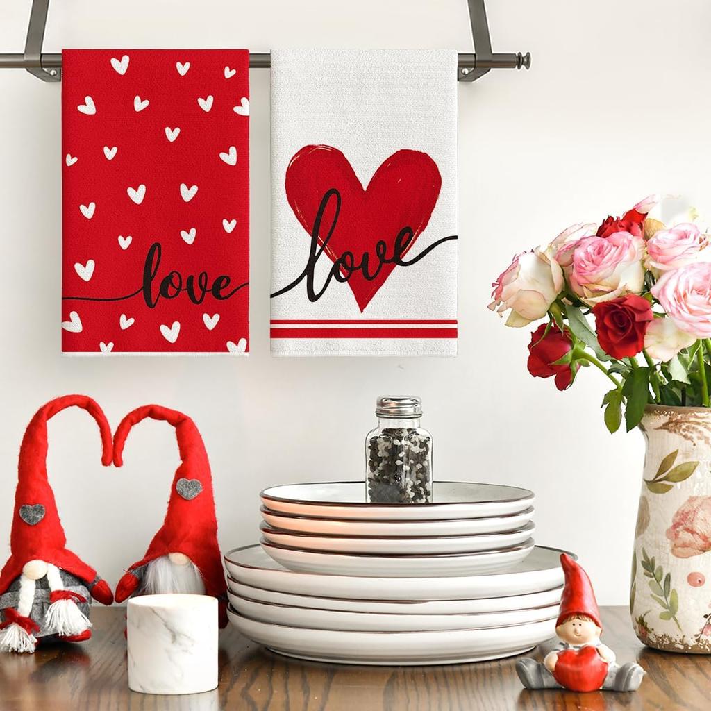 Artoid Mode Red Heart Love Kitchen Towels Dish Towels, 18x26 Inch Anniversary Wedding Farmhouse Decoration Hand Towels Set of 2