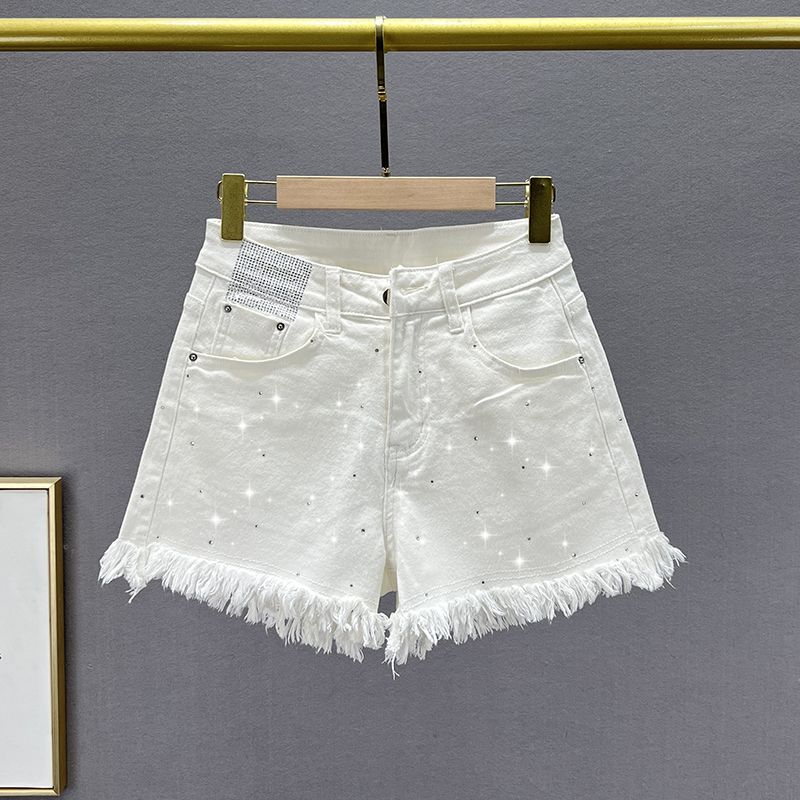 

Rhinestone Denim Shorts Women 2024 New Arrival Summer Stretch High Waist Loose and Slimming Ins European Goods Burr Hot Pants White 31
