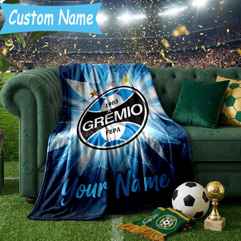 Custom Name Gremio Football Club Emblem Flannel Blanket, Use for Birthday/Holiday Gift, Soft Blanket for Sofa/Bed/Camping/Office, Home Decor