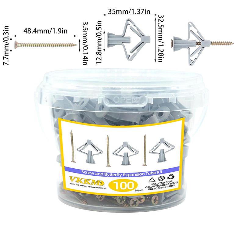 100Pcs Drywall Anchor Kit Hollow Wall Anchors Plasterboard Plugs Screws Butterfly Expansion Tube Pipe