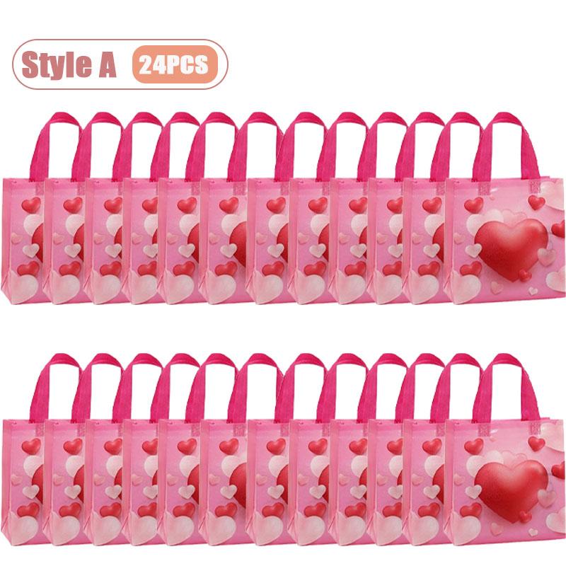 12-24PCS Reusable Valentines Gift Bag Non Woven Fabric Pink Heart  Handle Tote Foldable for Party Wedding Birthday Packaging