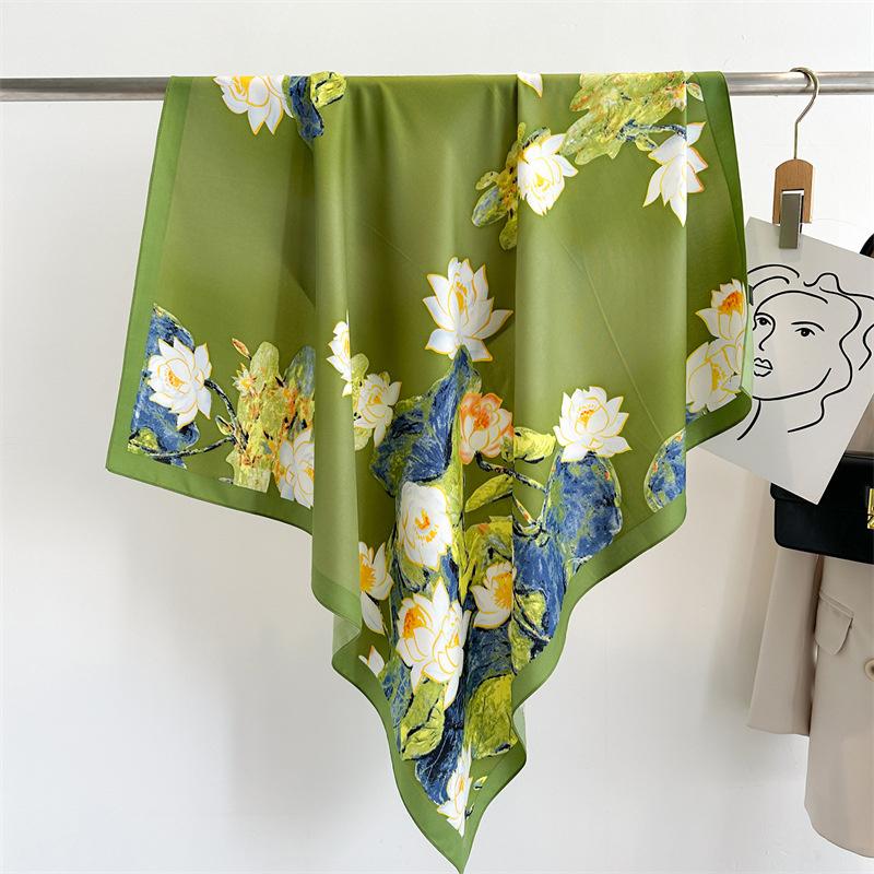 Fashion New Luxury Women Printed Scarf 90cm Lotus Large Square Scarves Twill Silk Headscarf HIjab Flower Foulard