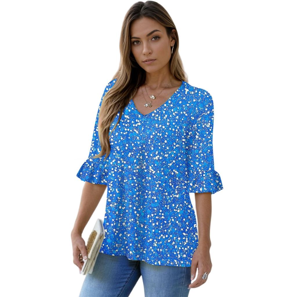 Women's Casual 3/4 Sleeve Tops V-Neck Sleeve T-Shirt Floral Print Tops