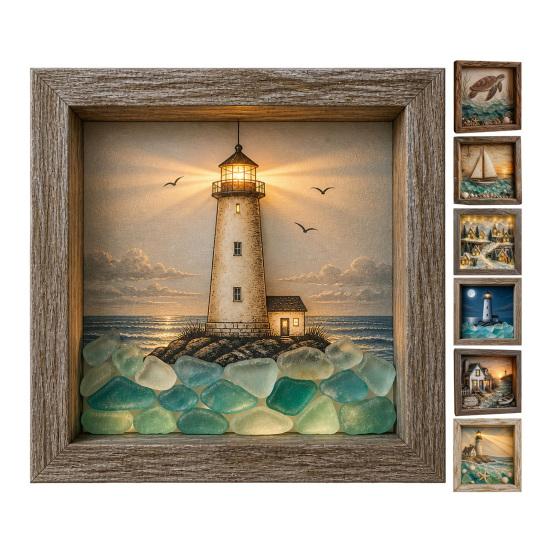 Sea Glass Art Painting with LED Light, DIY Mosaic Arts and Craft Kit, Ocean Themed Painting Kit, Beach Art Kit for Home Office Bookshelf Decoration