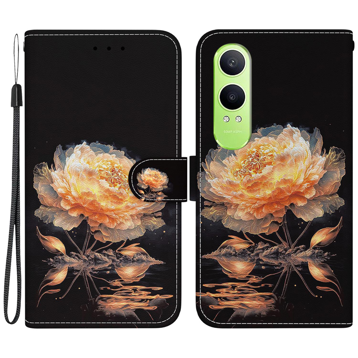 

For OnePlus Nord CE4 Lite 5G/Oppo K12x 5G (China) Phone Case Pattern Print Leather Wallet Cover Gold Peony
