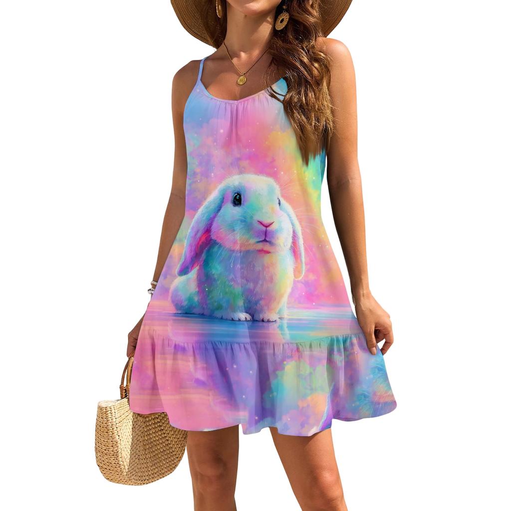 Robe décontractée élégante sans manches à bretelles ample pour femme avec imprimé plage et Pâques