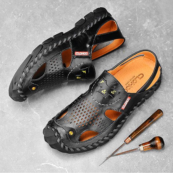 

Летние мужские сандалии из натуральной яловой кожи, дышащая пляжная обувь с отверстиями, дышащие непромокаемые сандалии на мягкой подошве 38 чёрный