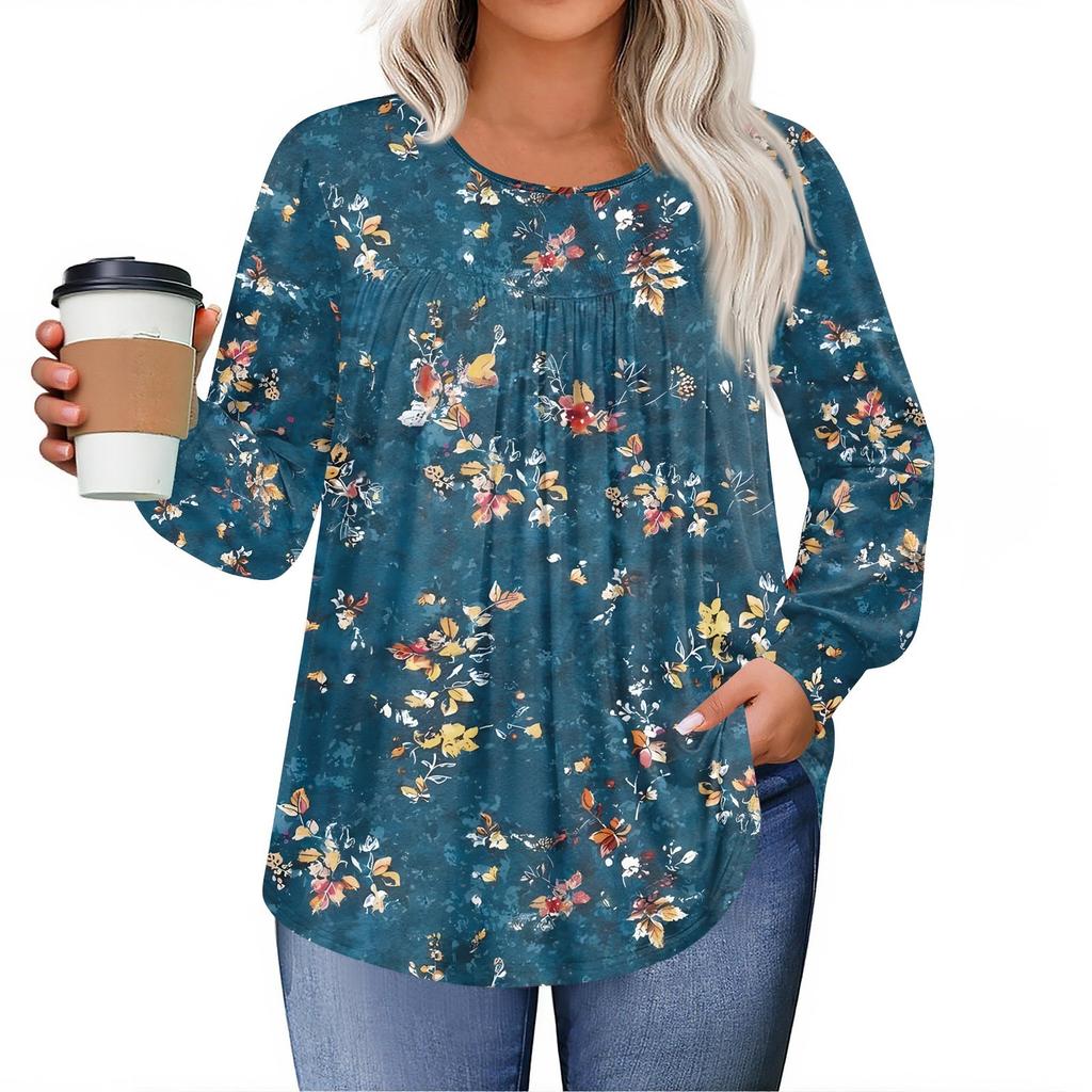Dámské topy plus size košile s dlouhým rukávem kulatý výstřih splývavá tunika ležérní volná halenka L-5X