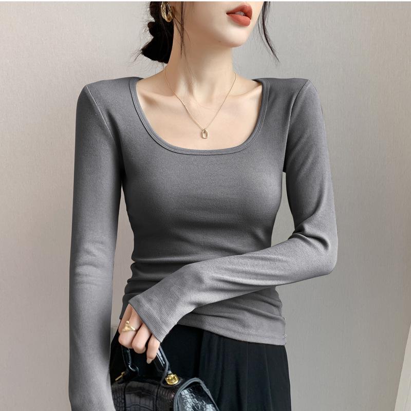 Women's Modal Low-Neck Backless Slim Fit Long-Sleeve Plus Velvet Tee for Autumn and Winter