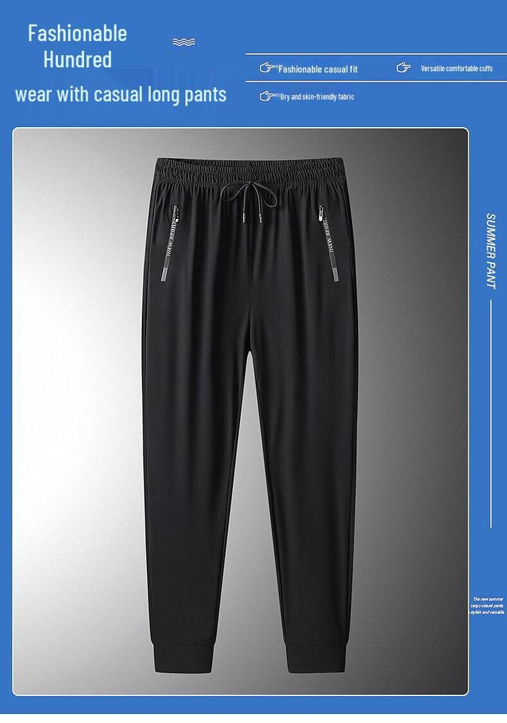 Men's Quick-Dry Ice Silk Elastic Print Cropped Sports Pants - Thin, Loose & Plus Size for Summer