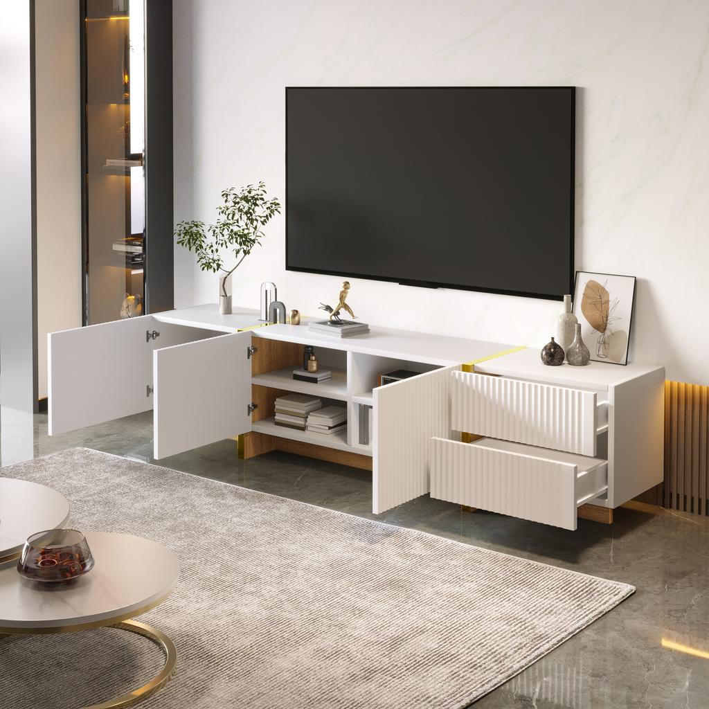 190 cm TV Cabinet, 3 Doors, 2 Drawers, White with Gold and Wood Grain