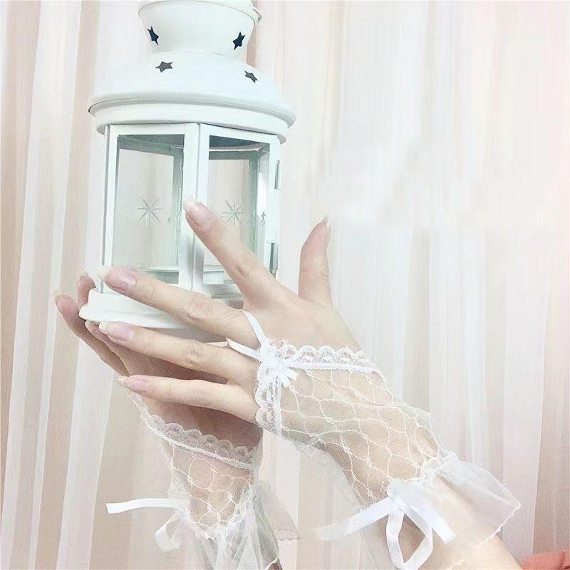 Lace black  gloves gothic lolita fingerless black gloves women elegant Tulle lace sheer White Black Red Bride Party GlovesXGST02