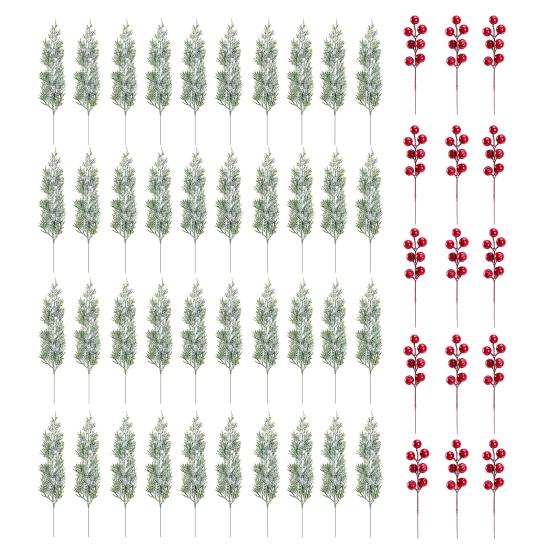 55/60Pcs Artificial Pine Branch Christmas Holly Berries Branch Faux Greenery Pine Needle Pick Fake Red Berry Stems Xmas Holiday Party Decoration