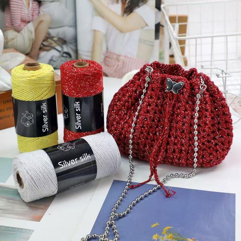 150g Sparkling Thread Silver Wire Hollow Cotton, 2mm Handmade DIY Crochet Butterfly Broken Silver Bag Hat Round Strand Yarn