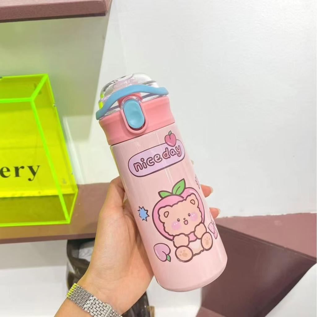 Straw Cup Cartoon Women's Double Drink Thermos Cup Bouncing Water Cup 3D Printing Portable Pea Cup