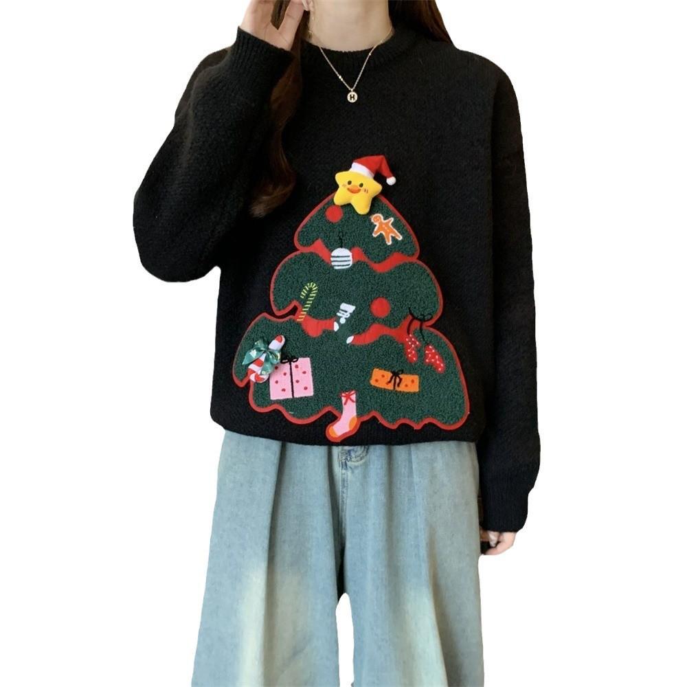 Women's Casual Round Neck Knit Red Christmas Sweater - Autumn/Winter 2025