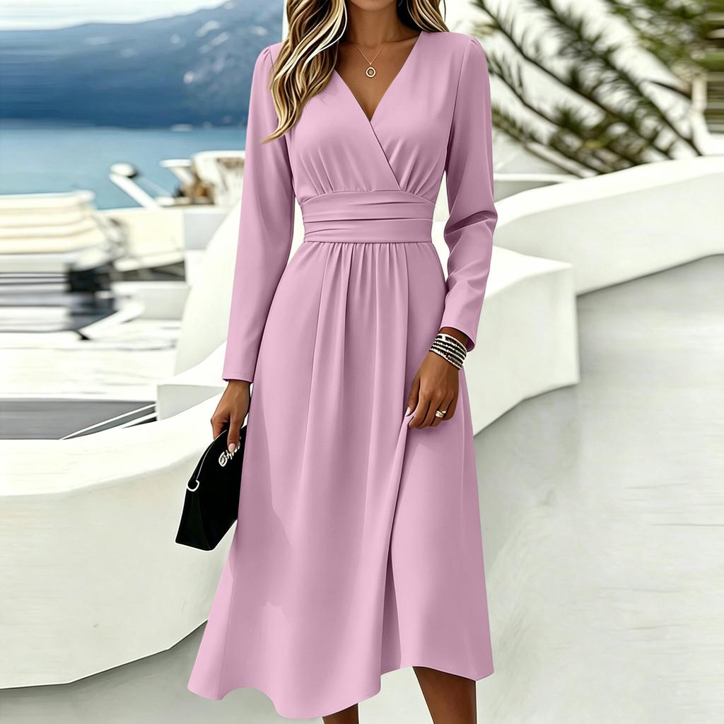 Women's Color V-Neck Short Sleeve Casual Dress for Everyday Wear