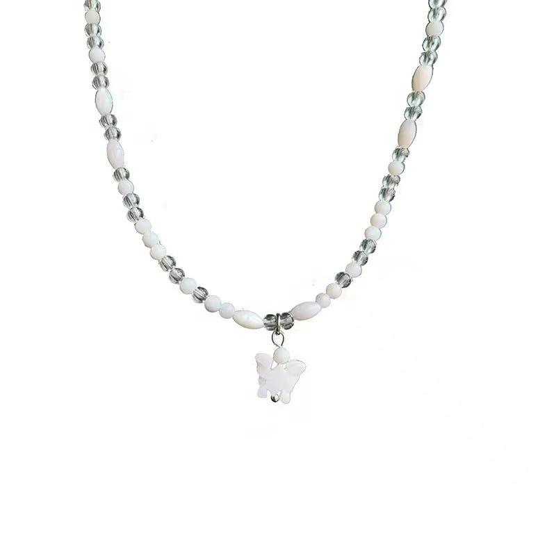 Simple butterfly pendant Fritillary white crystal beaded necklace women s light luxury fashion temperament versatile collarbone chain