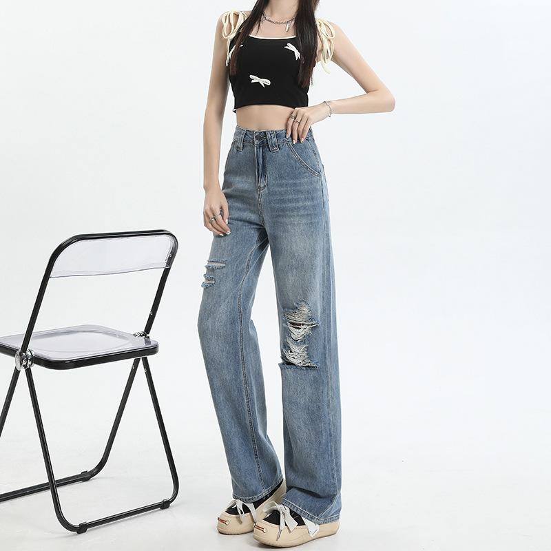 Ripped Jeans Women Summer High Waist Girl Floor Pants Women Straight Trousers Women Summer Straight Jeans Women Summer