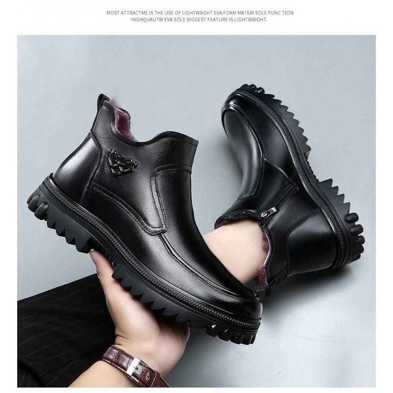 Mens Winter Warm Leather Slip-On Boots With Real Sheepskin Lining Thick Sole Casual High-Top Cold Weather