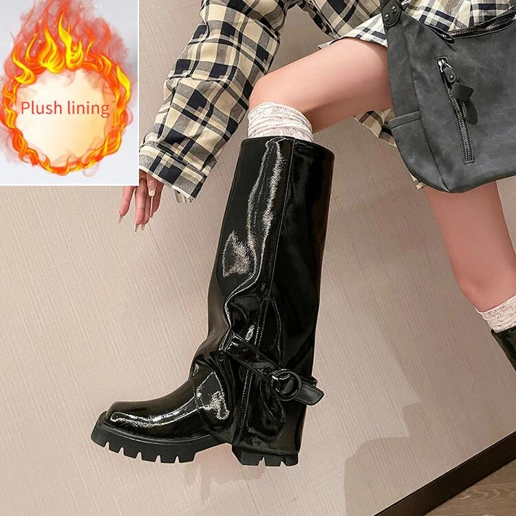 Fashion Elegant Black Belt Buckle Straight Tube Knee High Skirt Boots Women's Autumn Winter Fashion 5cm Thick Heel Western Long Boots