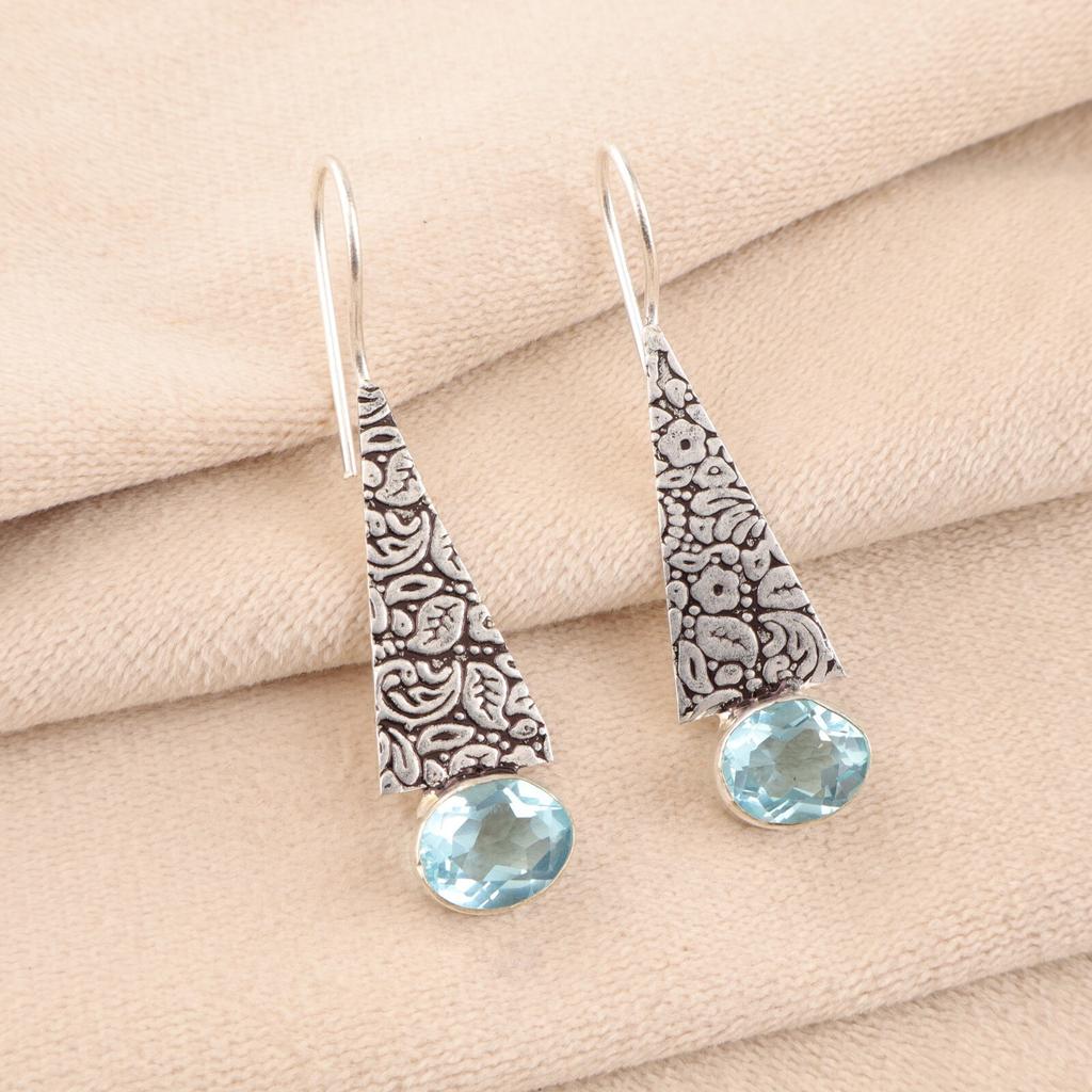 Natural Sky Blue Topaz Gemstone 925 Solid Silver Jewelry Handmade Earrings 1.9" EE-165-13