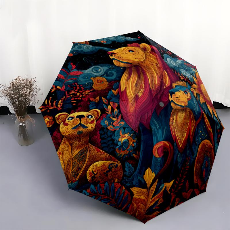 Lion Pattern, Automatic Folding Umbrella, Portable and Foldable Design, 8 Ribs, a Christmas or Birthday Gift.
