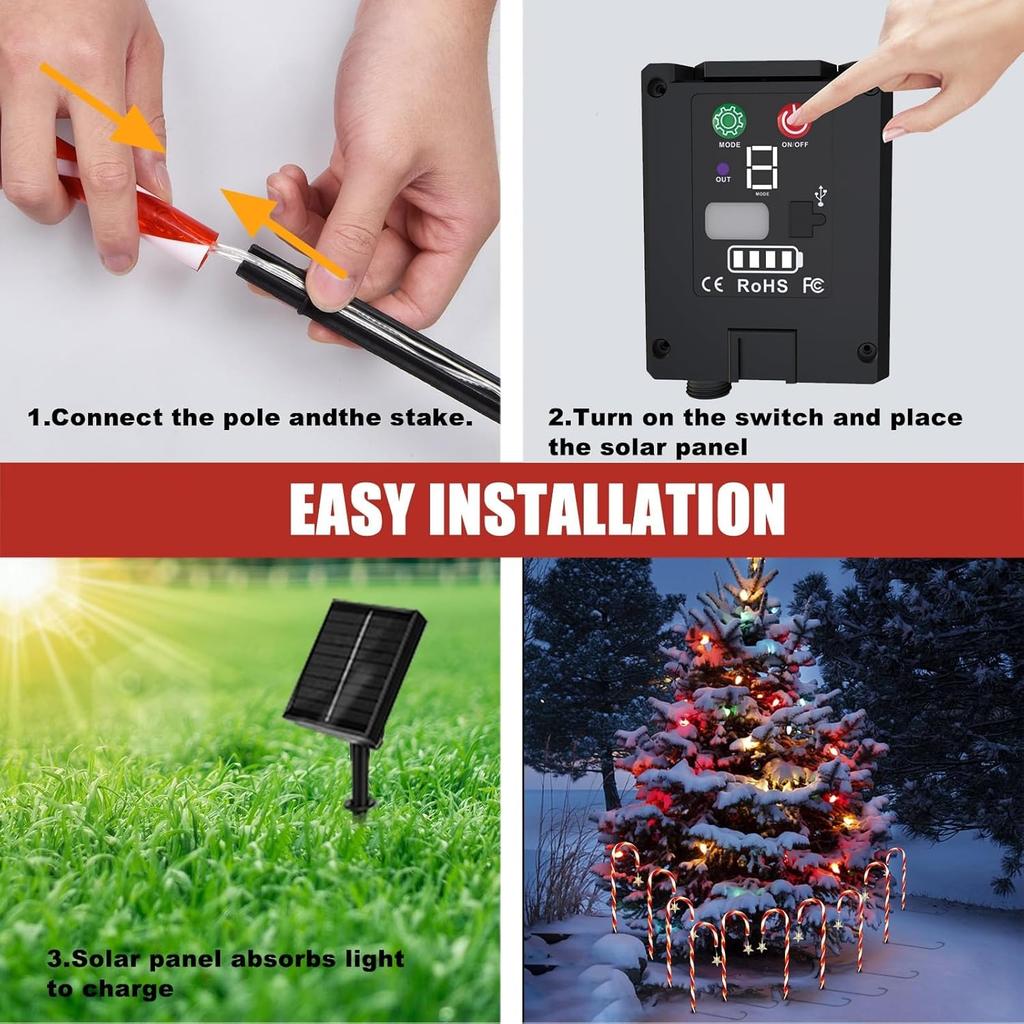 5/10Pcs Candy Cane Lights Solar Pathway Lights with 8 Lighting Modes Waterproof Garden Lights for Christmas Decoration