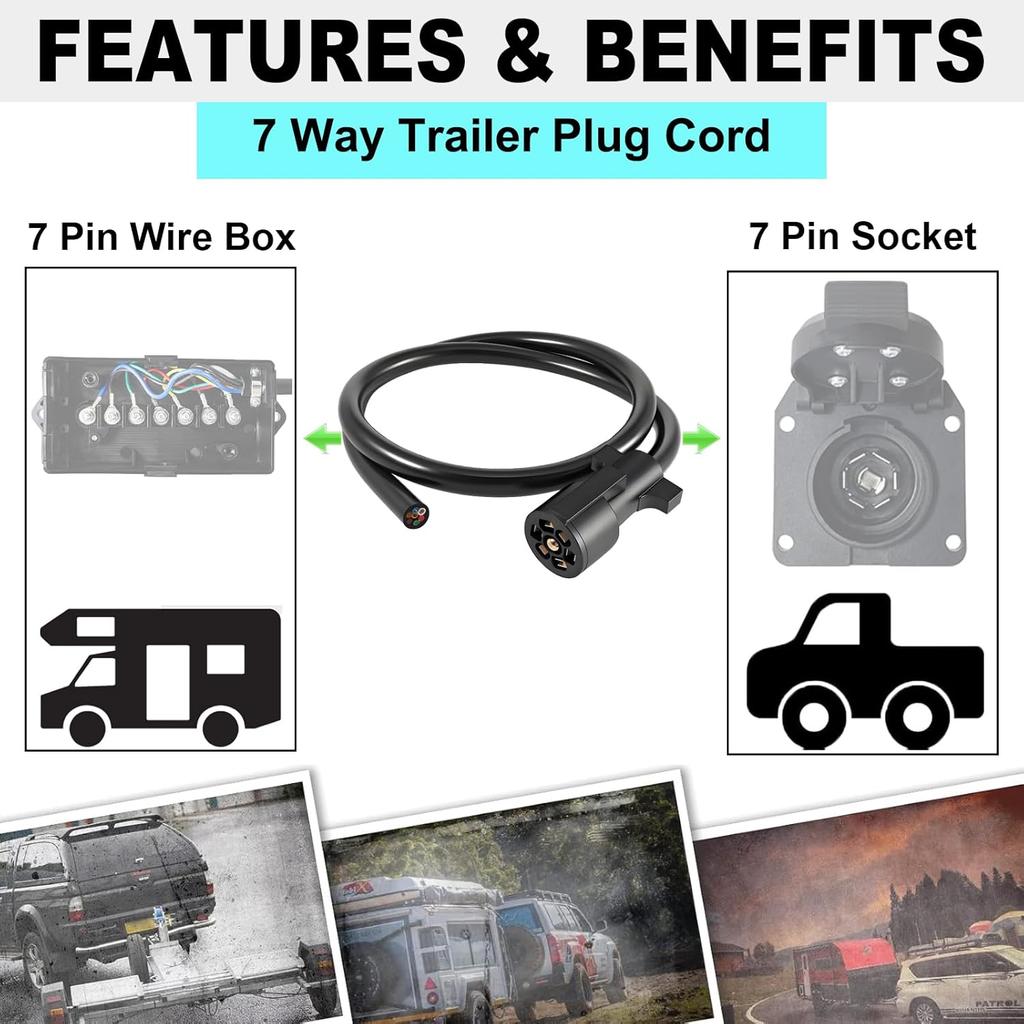 7 Way Trailer Cord,4FT Heavy Duty 7 Way Trailer Plug Inline Cord Wire Harness Cable Double Prongs Connector 7 pin Trailer Wiring Harness 4 Feet for