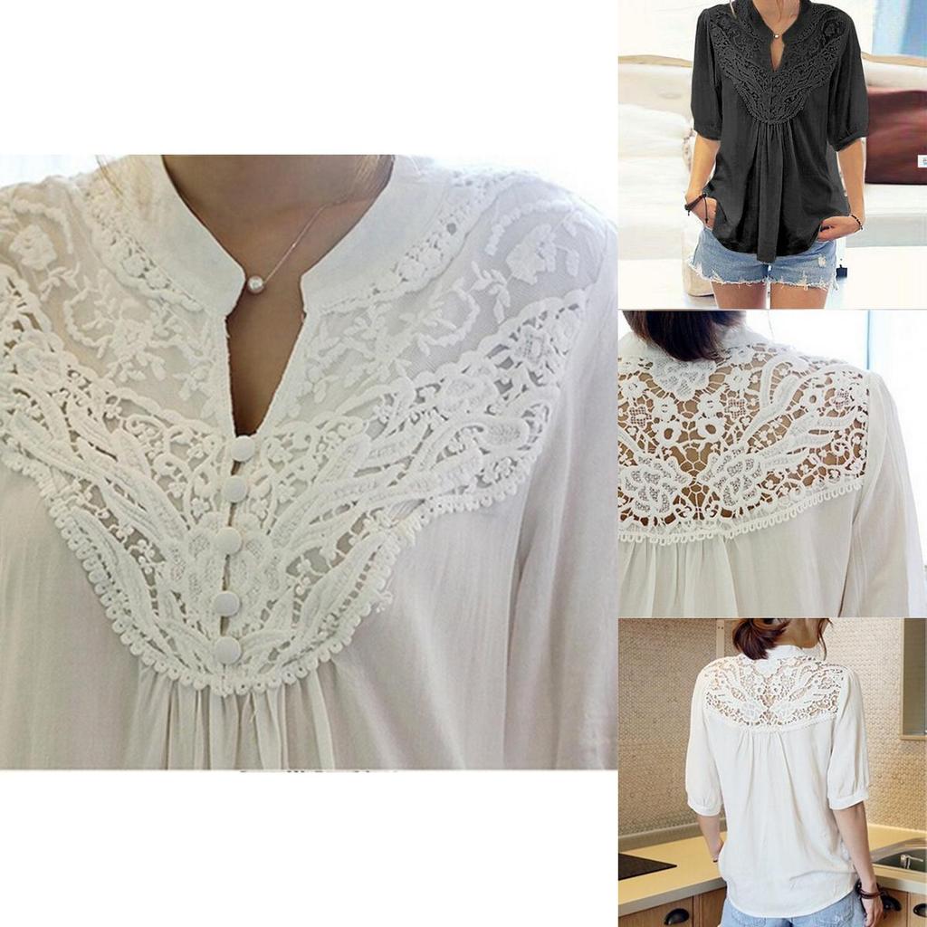 Ladies Hollow Blouse T Shirts Tops Lace Tunic Top Shirt Freesize Chiffon
