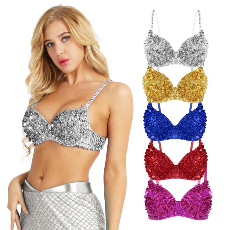 Women Ladies Glitter Sequins Beading Belly Dance Bra Tops Party Club Costume Dancewear