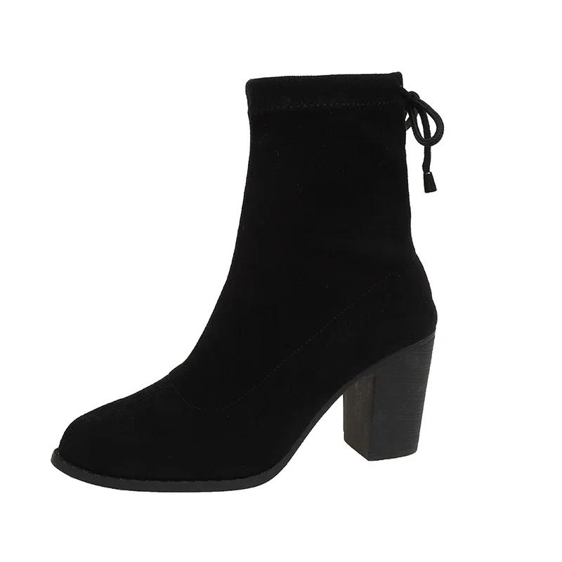 

Модная женская обувь 2024 года, горячая распродажа, женские сапоги с рукавами, осенние замшевые однотонные короткие бочонки на толстом каблуке, модные сапоги Zapatos De Mujer 42 чёрный