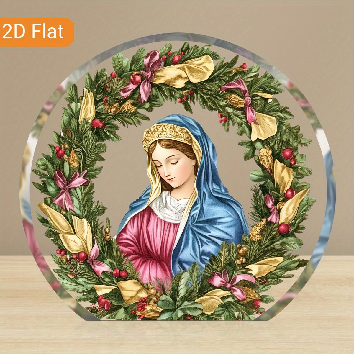 

1pc Virgin Mary Acrylic Decorative Sign - Vintage Religious Wall Art with Floral Wreath & Golden Accents, 2D Flat Desktop Plaque for Christmas 10*9cm