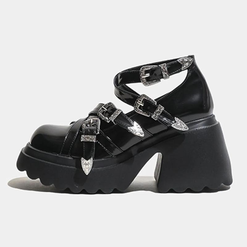 2025 Punk Women's Chunky Heels Shoes Fashion Black Gothic Buckle Belt Straps Platform Casual Pumps