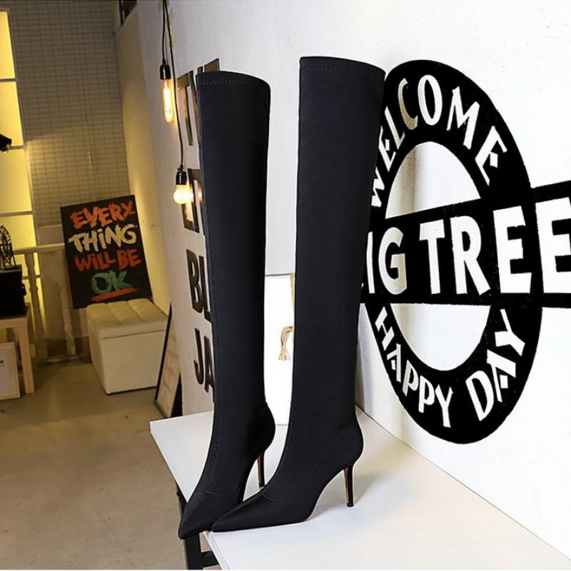 European and American Style Simple High Heel Pointed Elastic Lycra Sexy Slim Over Knee Boots