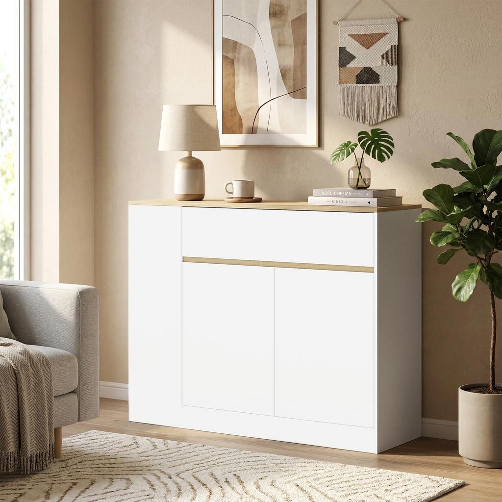 Sideboard, Large Cabinet Compartment, 3 Storage Compartments, Drawer, 106 x 30 x 81.2cm, White/Wood