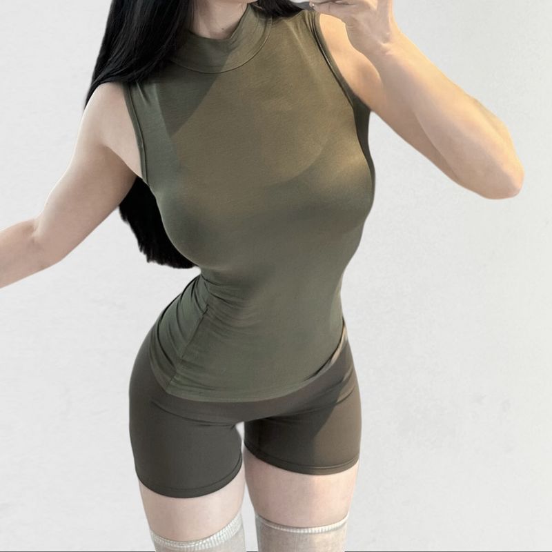 

Half Shu Sleeveless Half Turtleneck Sports T-shirt Tops Women s Summer Tight Yoga Fitness Pilates Silm Slimming and Tight Army Green S