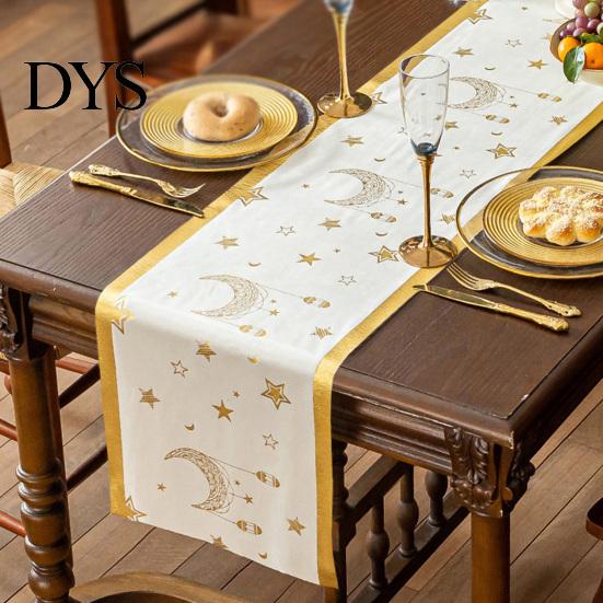 Modern Table Dressing Eid Mubarak Runner, Ramadan Gold Moon Stars Tablecloth, Islamic Happy Holiday Home Accessories Rectangular Cloth for Dining