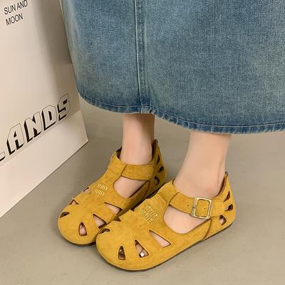 2026 ONG Genuine Leather Hollow Out Flat Roman Sandals Versatile Casual Cage Oes Mid Heel Round Toe Summer Faion Women's Oes
