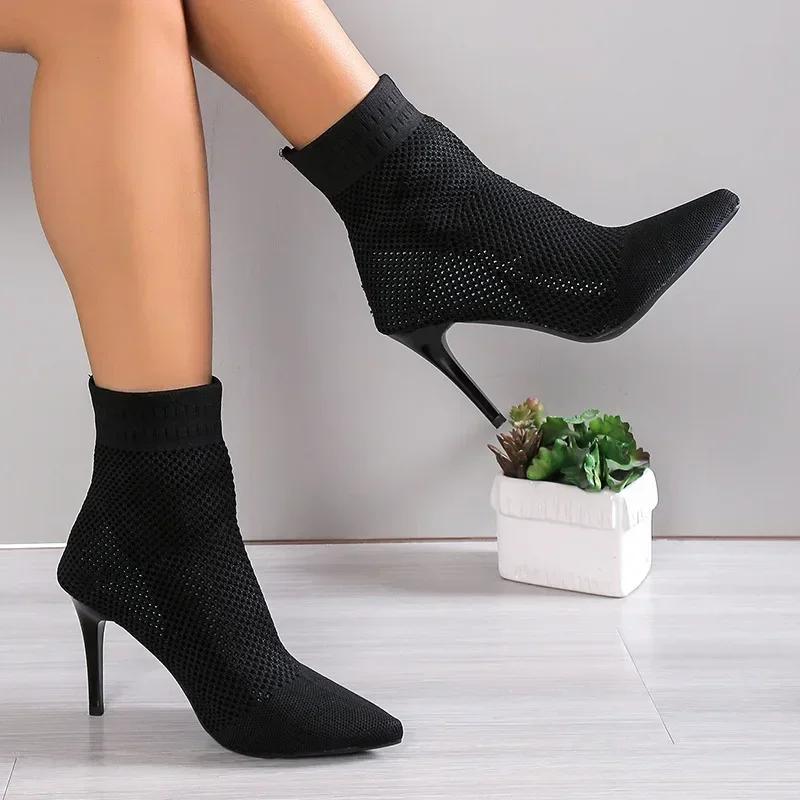 Pointed Toe High Heels Shoes for Women Sexy Ankle Chelsea Boots Winter Knitting Sock Botas  New Designer Femme Pumps Zapatos