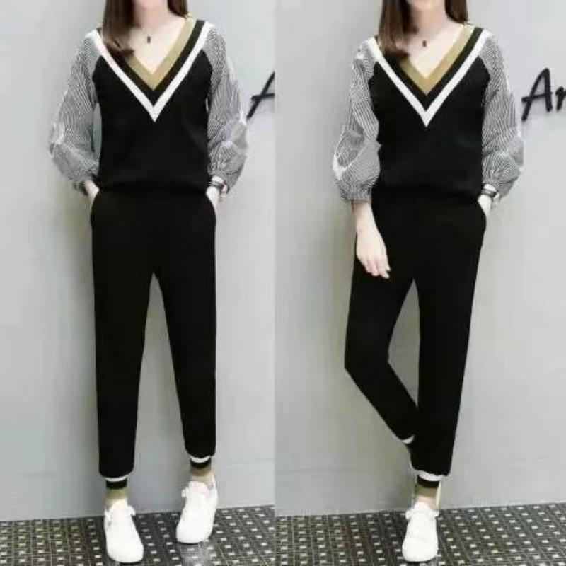 

2026 Spring/Autumn Plus Size Tummy Concealing Two-Piece Set for Girls - Fashionable Loose Design Sportswear XXL чорний