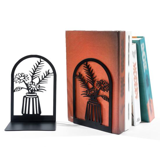 1 Pair Flower Metal Bookends Decorative Flower Vase Book Ends for Shelves Black