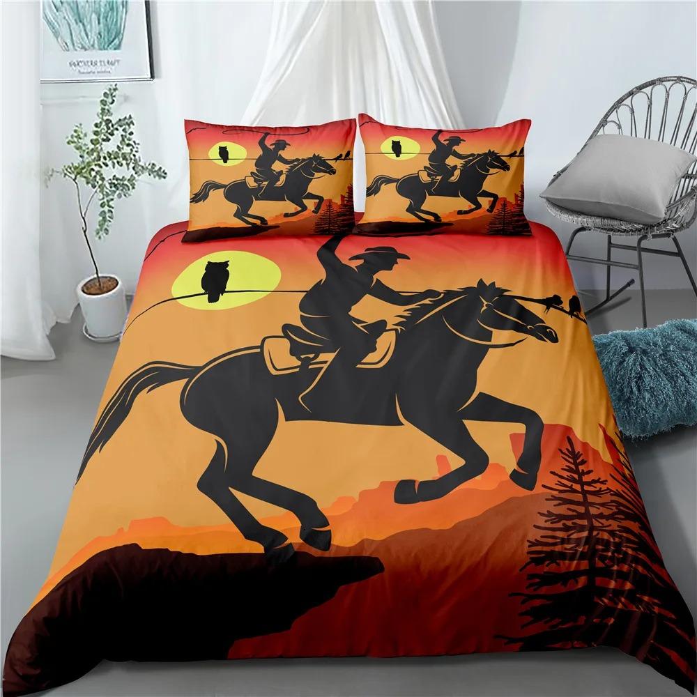 

American Western Cowboy King Dimension Queen Dimension Quilt Cover Vintage Wilderness Sunset Bed Cover Kit for Men Horse Polyester Fabric Quilt Cover EU Single 135x200cm