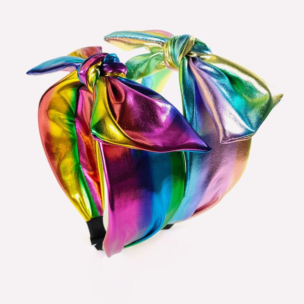 Metallic Wide Top Knot Hair Hoop Shiny Holographic Metallic Bow Headband Hair Accessory For Women