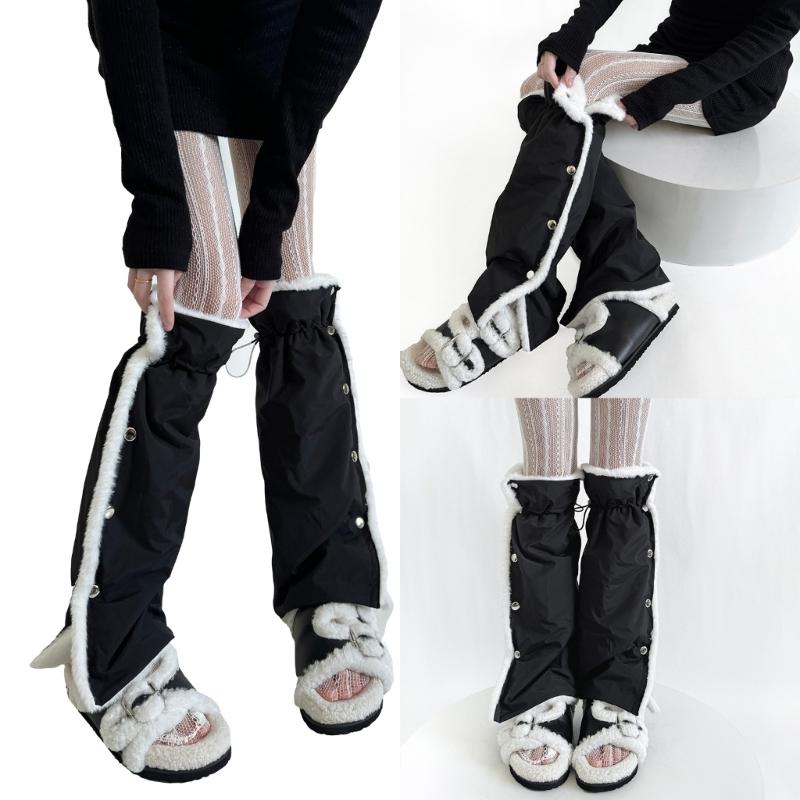 Women's Slouchy Leg Warmers with Side Split Buttons Solid Color Fleece Lined Drawstring Leg Covers Footless Long Socks