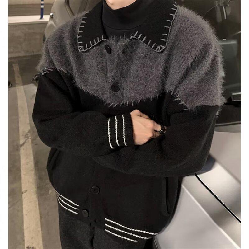 Contrasting Color Splicing Cardigan Sweater Men's Autumn and Winter American Retro Lapel Knitted Sweater Trendy Brand Niche Couple Coat