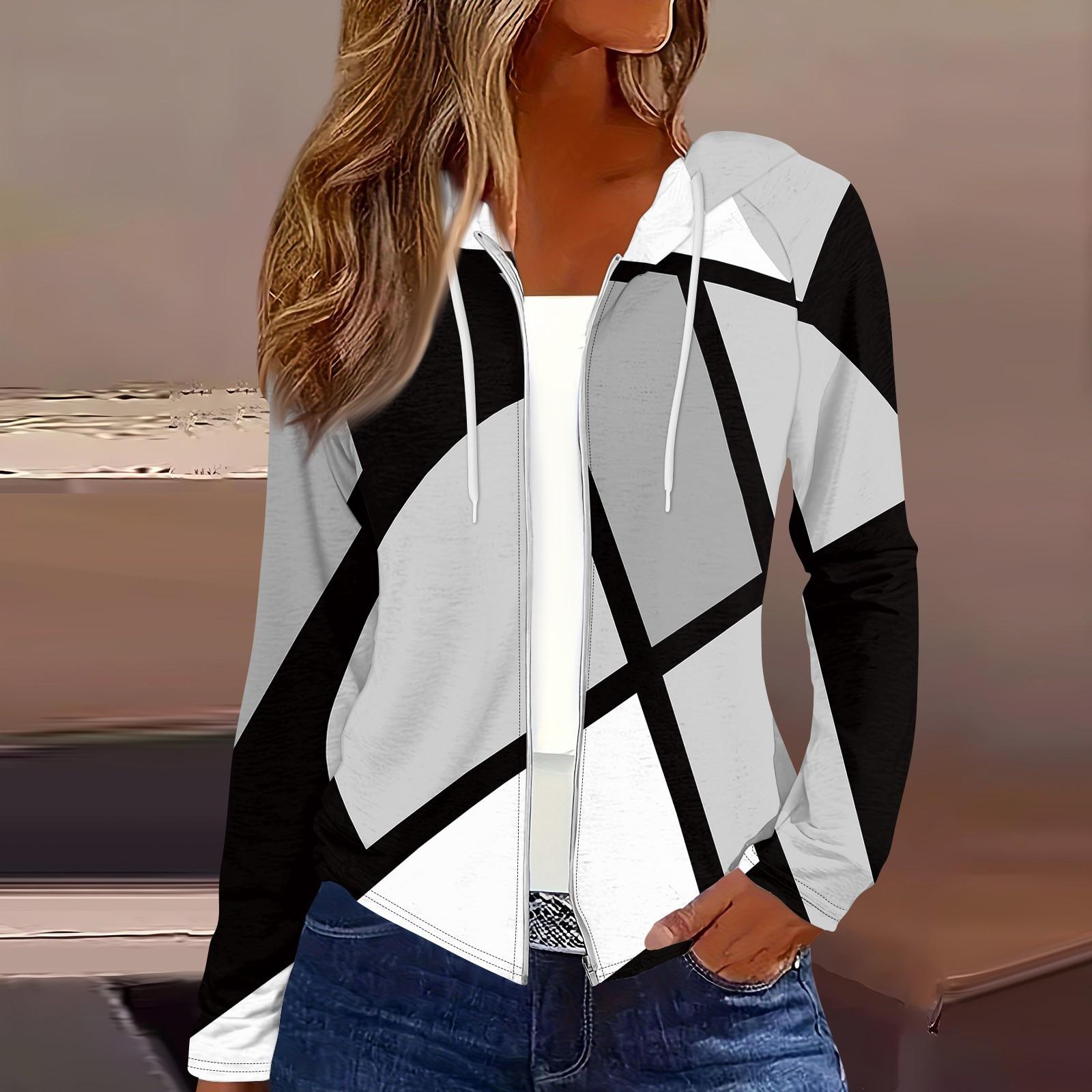 

Женская мода повседневная застежка-молния с капюшоном и принтом с длинным рукавом толстовки пальто XXXL