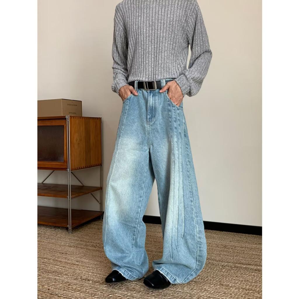 Men's Mid Rise Washed Cat Whisker Barrel Jeans Loose Wide Leg Denim Pants American Vintage High Street Y2K Casual Four Seasons Long Trousers