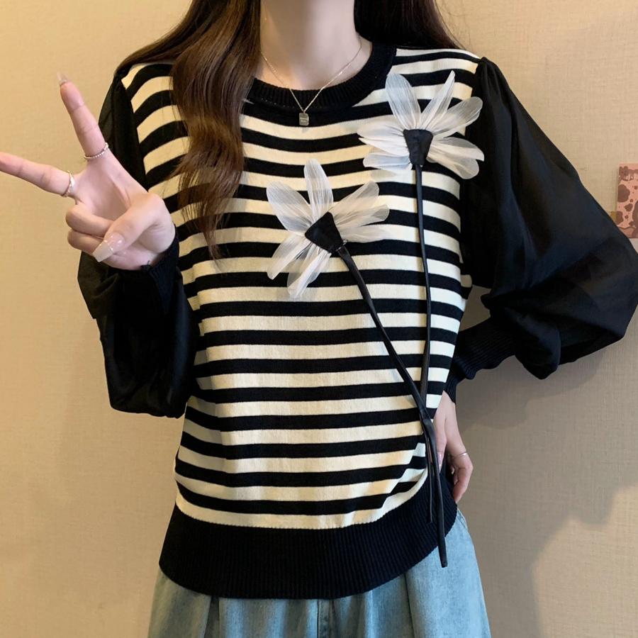 

Модный осенне-зимний новый 3D цветочный полосатый длинный рукав сплайсированный вязаный свитер One size чёрный